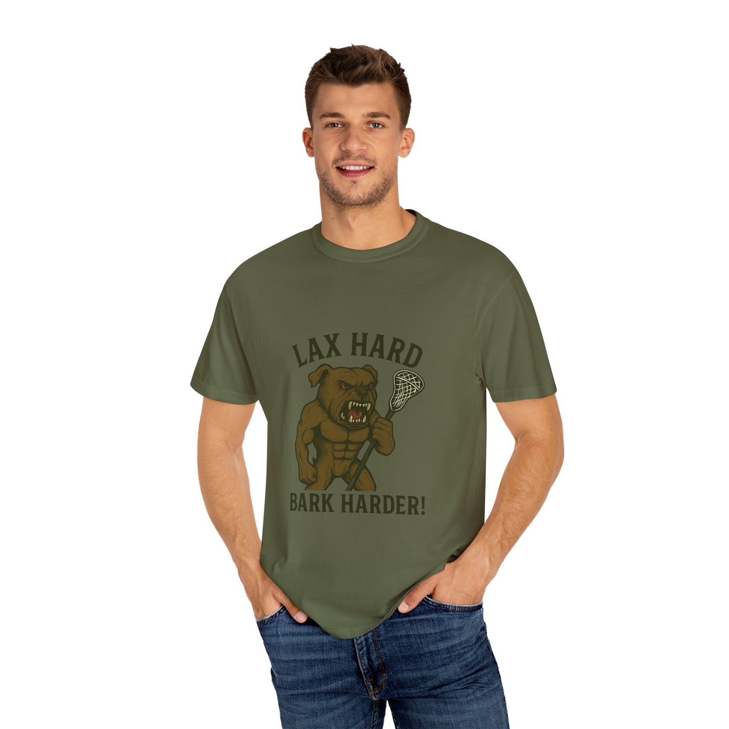 Men's T-Shirt- Lax Hard, Bark Harder