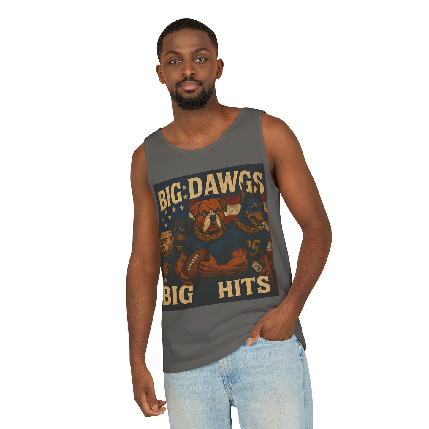 Big Dawgs Big Hits Tank Top- Men's Garment-Dyed Shirt, Casual Summer Wear, Graphic Apparel