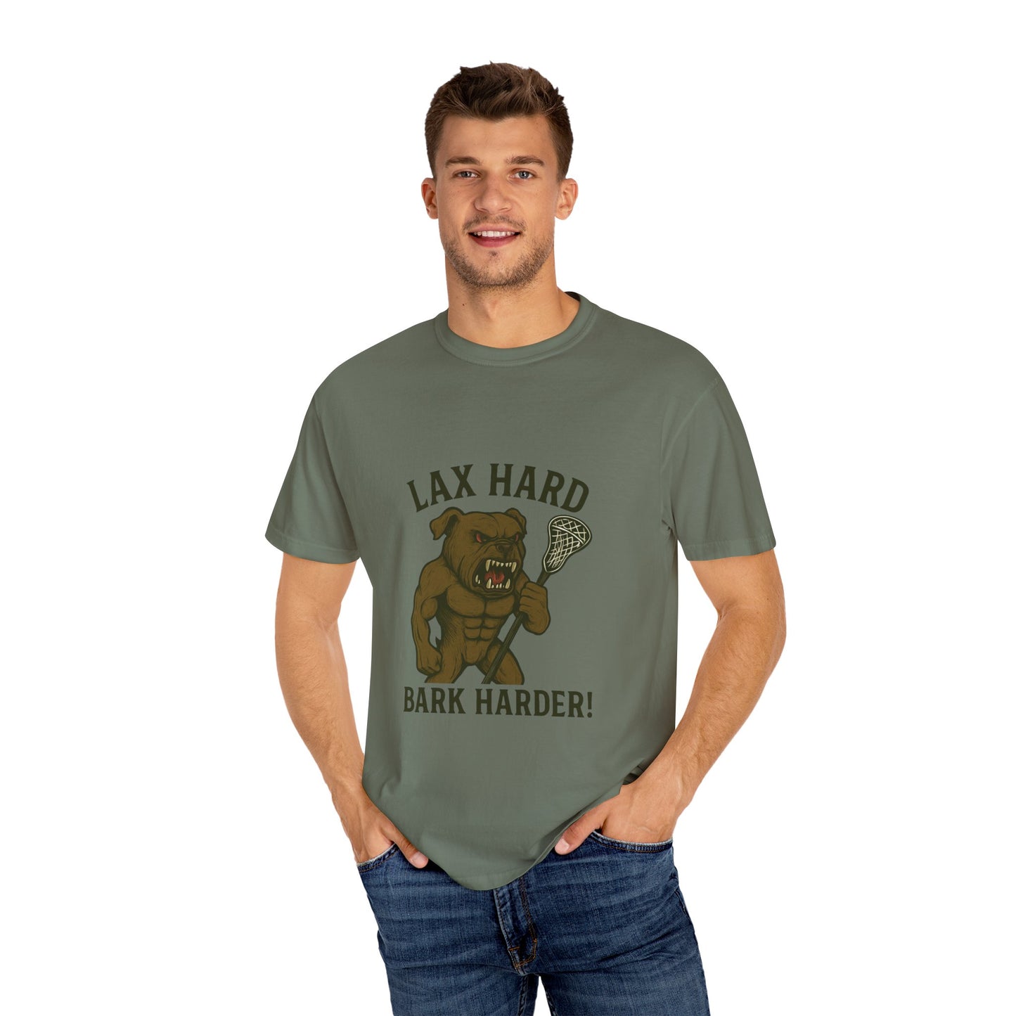 Men's T-Shirt- Lax Hard, Bark Harder