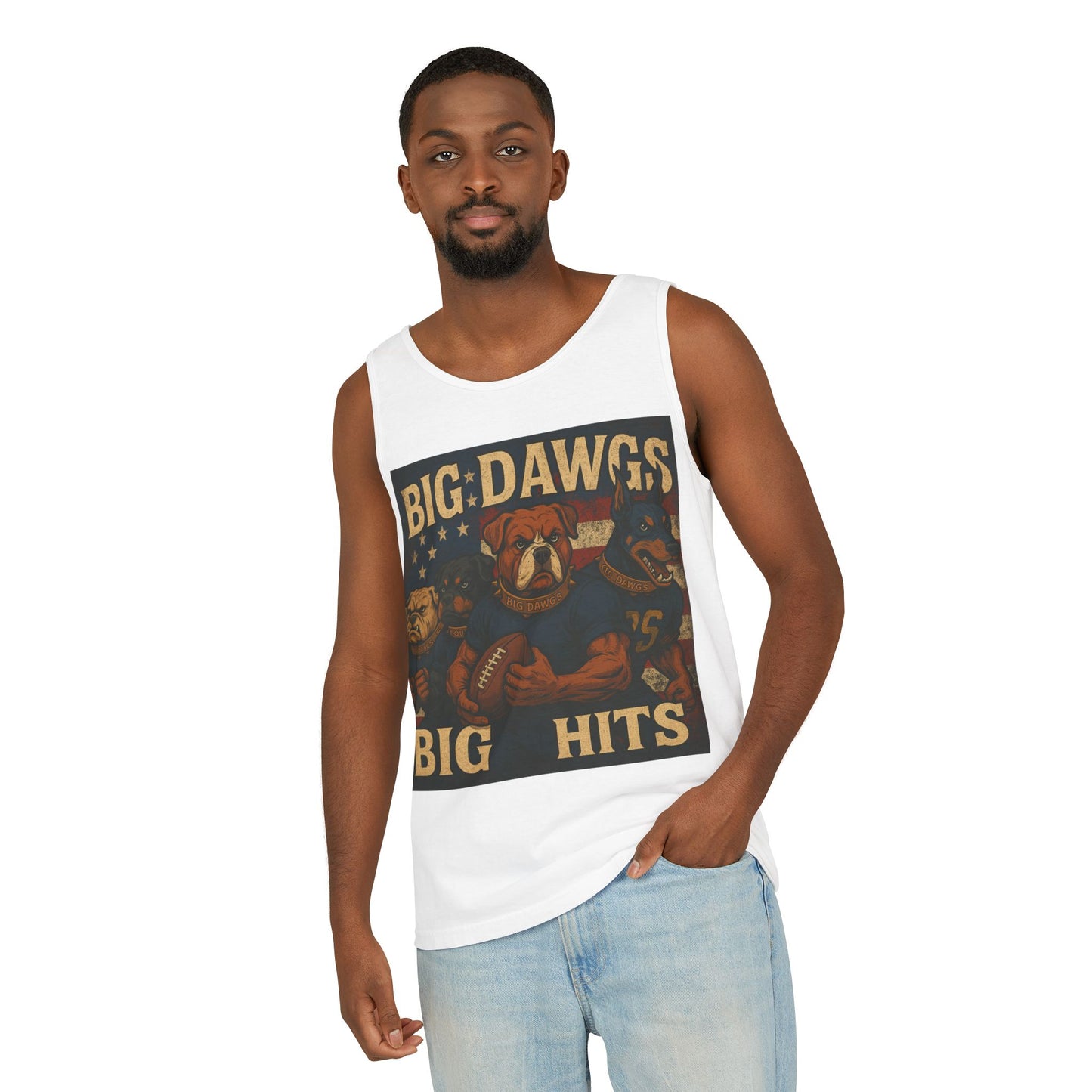 Big Dawgs Big Hits Tank Top- Men's Garment-Dyed Shirt, Casual Summer Wear, Graphic Apparel