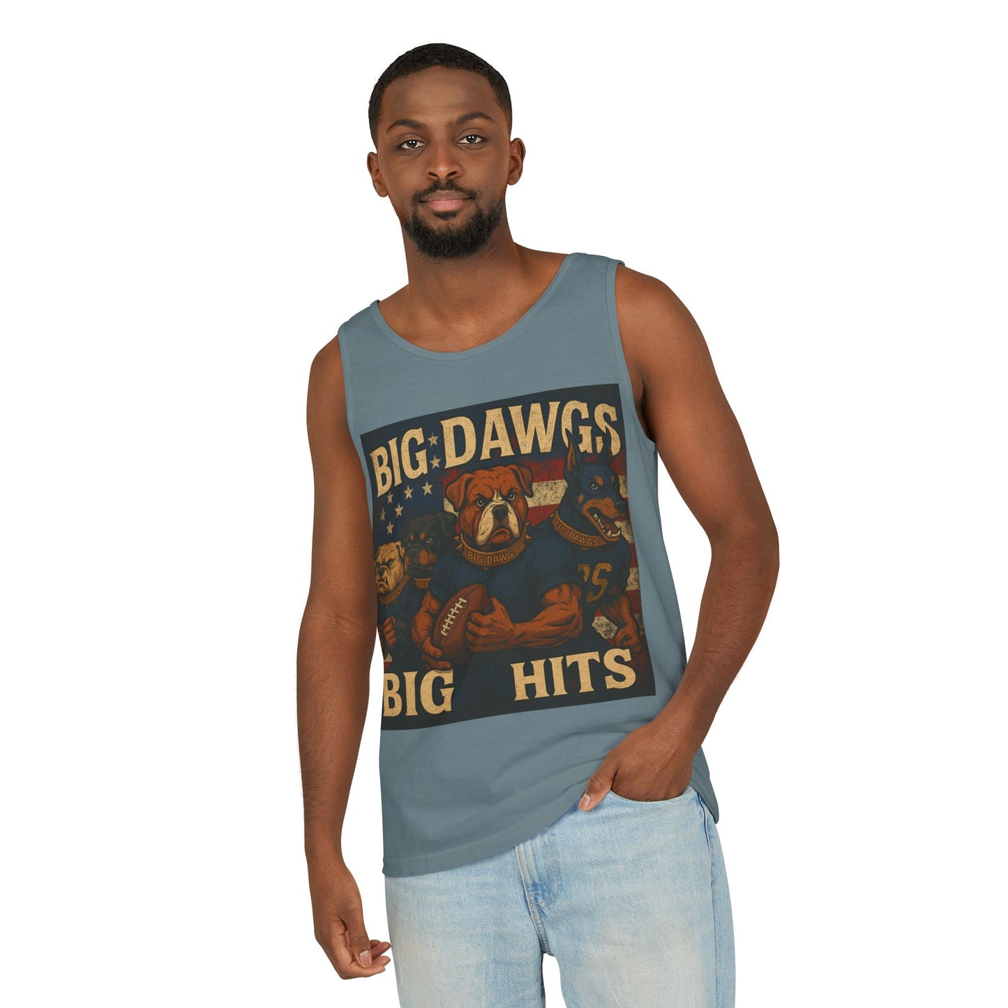Big Dawgs Big Hits Tank Top- Men's Garment-Dyed Shirt, Casual Summer Wear, Graphic Apparel